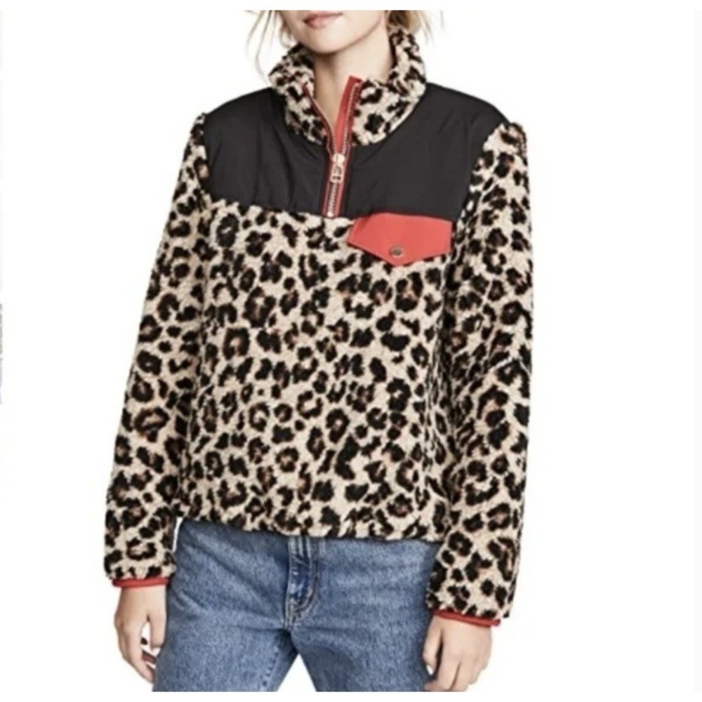 VERONICA BEARD $395 Kylan Leopard Sherpa Pullover Animal Print Black Red Large